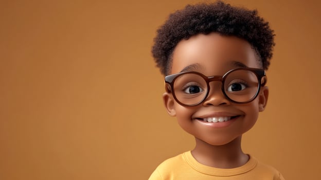 Smiling child with glasses, against a simple backdrop, radiating happiness and innocence with their bright, inviting expression. photo