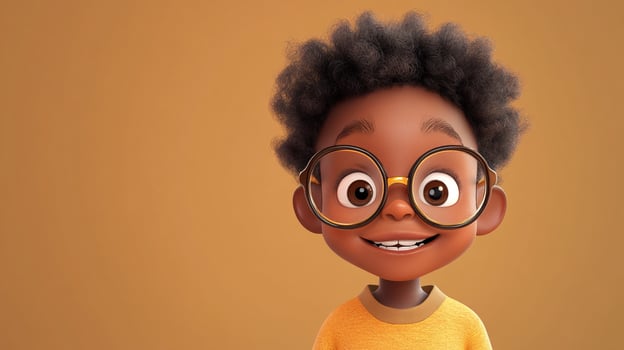 Adorable cartoon boy with big glasses and a warm smile against a tan backdrop, radiating positivity and youthful energy in a charming way. photo
