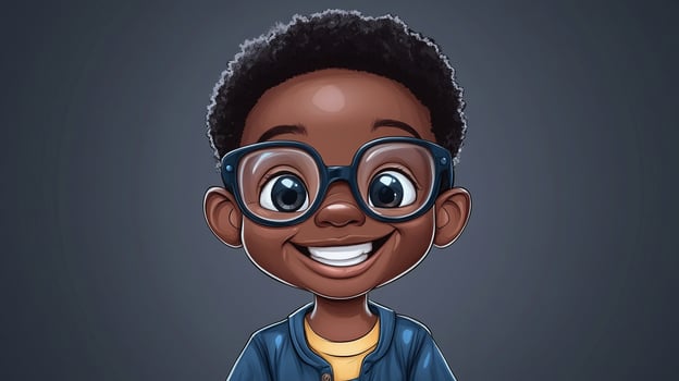 Cartoon portrait of a smiling boy wearing glasses, with dark skin and curly hair, set against a neutral gray backdrop. photo