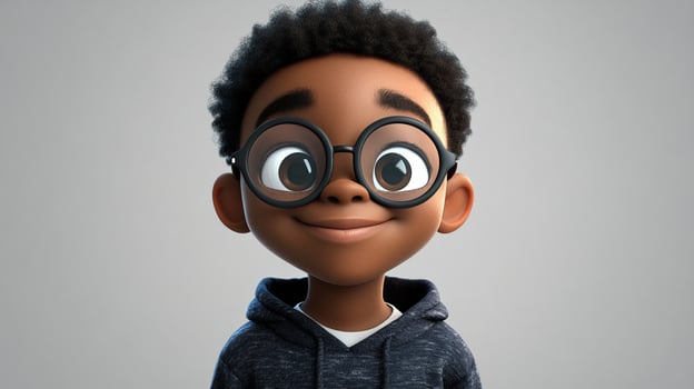 Adorable cartoon boy with curly hair, glasses and hooded sweatshirt smiles against a simple background, radiating warmth and charm. photo