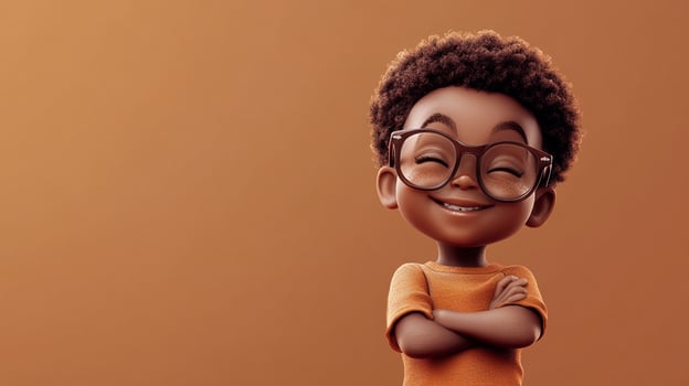 Confident young boy with afro hair, wearing glasses and an orange t-shirt, smiling against a brown background. Animated character. photo