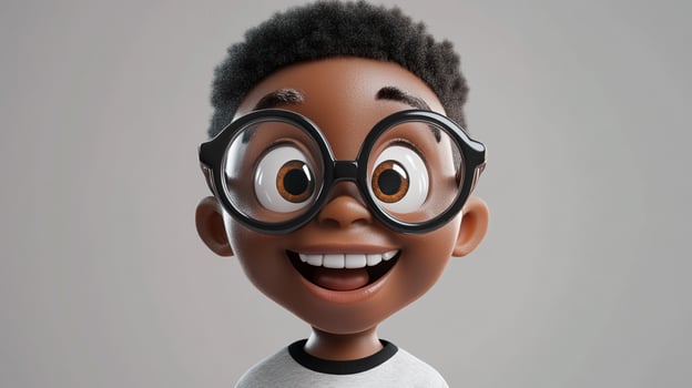 Cartoon style portrait of a young boy with glasses smiling broadly, showing his teeth against a plain grey background. photo