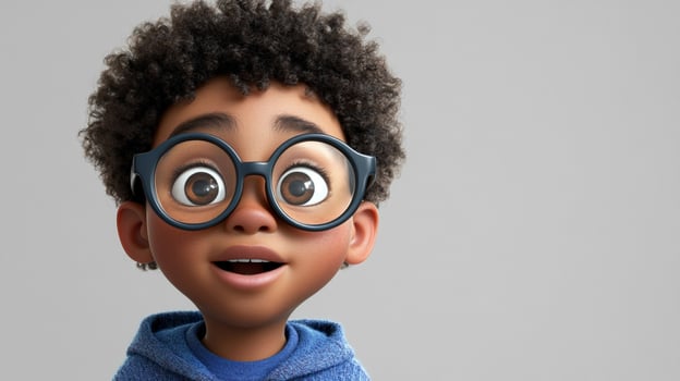Cartoon rendering of a young boy with afro hair, wearing blue glasses, with an excited expression against a plain grey backdrop. photo
