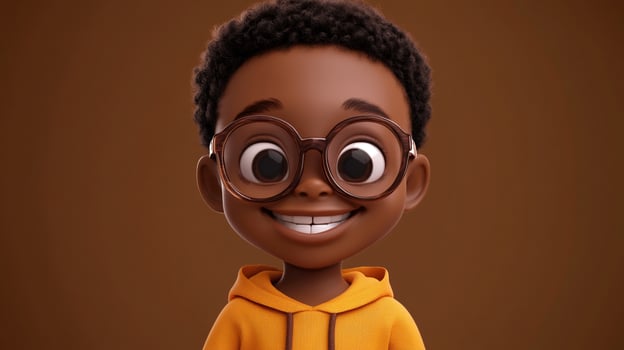 Animated young boy character with glasses and a big smile. He's wearing an orange hoodie on a plain brown background. Cheerful design. photo