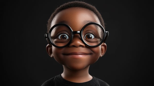 A very adorable, cheerful, and optimistic young boy with an afro and a pair of black eyeglasses is looking at the camera with excitement. photo