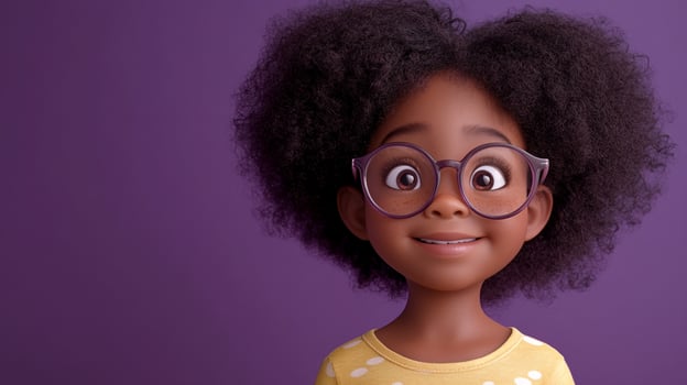 Animated girl with afro and glasses smiling against purple background. Cheerful, warm lighting highlights her youthful features. photo