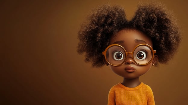 Stylized cartoon girl with curly hair, wearing round glasses and a sweater. She's got a cute and innocent expression on her face. photo