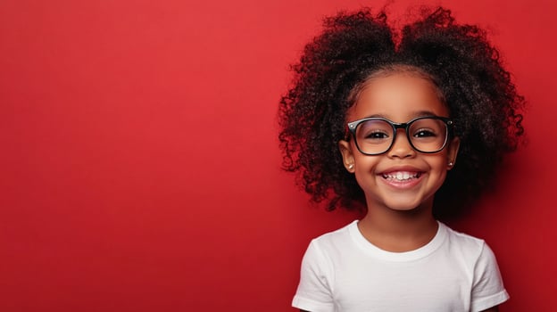Smiling girl with glasses against a red backdrop. Her joyous expression radiates warmth and captures the innocence of childhood. photo