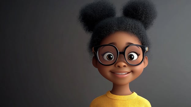 Animated girl with glasses, smiling, and wearing a yellow sweater. She has a playful hairstyle, against a neutral background. photo