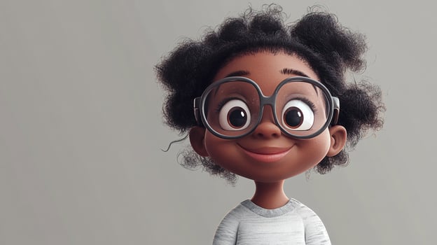 Charming cartoon rendering of a young, black girl with curly hair and large glasses, smiling warmly on a neutral grey background. photo
