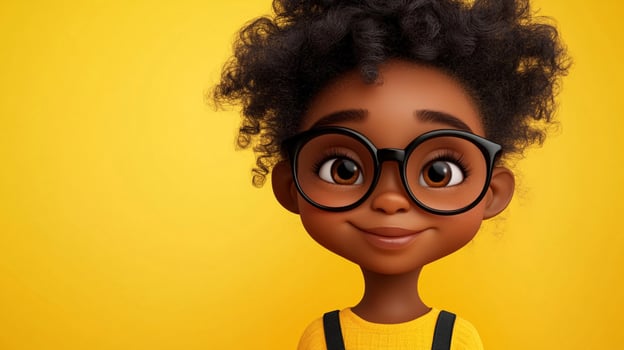 Animated girl with curly hair and glasses smiling against a vibrant yellow backdrop. Cheerful and positive imagery for children. Cute and engaging. photo