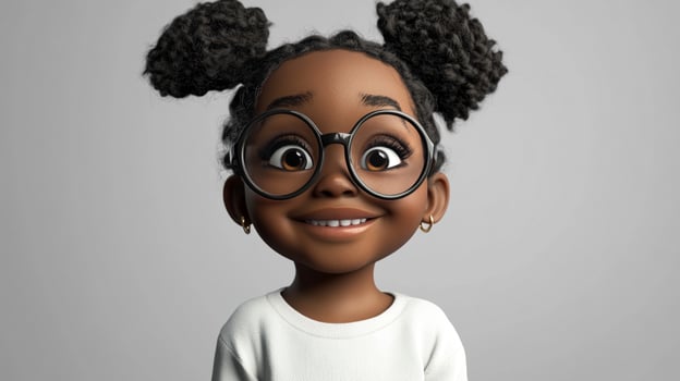 Cartoon girl with braided pigtails and glasses smiling at the camera on a plain background, radiating joy and friendliness photo