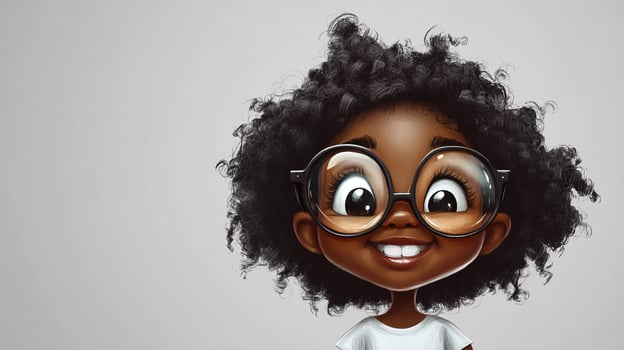Animated child with large round spectacles and curly hair smiling brightly against a solid, neutral-toned background. photo