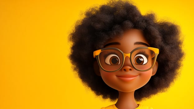 Adorable cartoon girl with glasses and afro hairstyle smiles gently against a cheerful yellow backdrop. Innocent, charming, and heart warming. photo