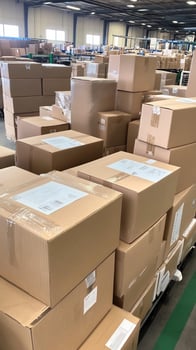 Warehouse inventory, cardboard boxes stacked, logistics, distribution center photo