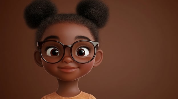 Charming cartoon girl with glasses and hair buns, rendered in a 3D style against a solid brown backdrop, radiating a playful and friendly vibe. photo