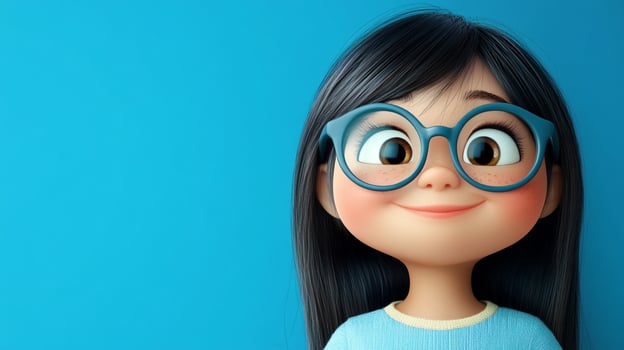 Cute cartoon girl smiling with big glasses and black hair against a blue background, showcasing a cheerful and bright character. photo