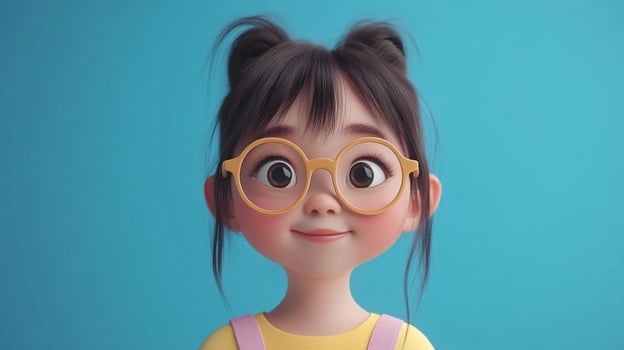 Adorable cartoon girl with glasses, smiling sweetly against a bright turquoise backdrop. Expressing joy with big eyes and styled hair. photo