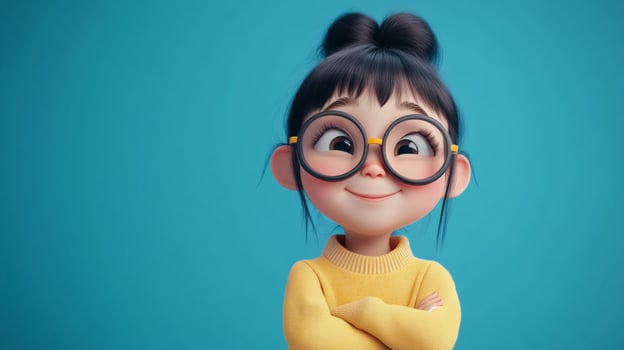 Confident girl with glasses and crossed arms against a blue background. Whimsical, charming, and full of positive vibes. Cartoon style. photo
