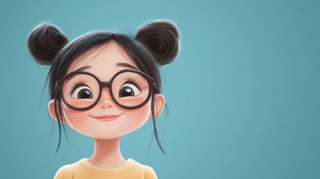 A cute cartoon girl with round glasses and her hair in buns, smiles sweetly against a soft blue background in this delightful close-up. photo