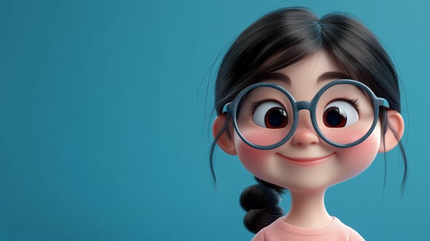 Animated young girl with large round glasses and rosy cheeks smiles against a light blue background, radiating charm and innocence. photo