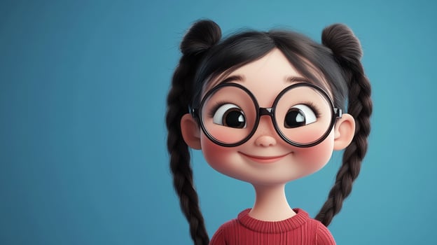 Charming cartoon girl with braided pigtails and large glasses smiles against a soft blue background. Cute and endearing animation style. photo