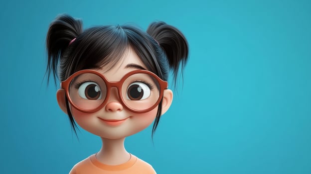 Cute cartoon girl with brown hair in pigtails and wearing round glasses smiling against a simple blue background. Digital illustration. photo