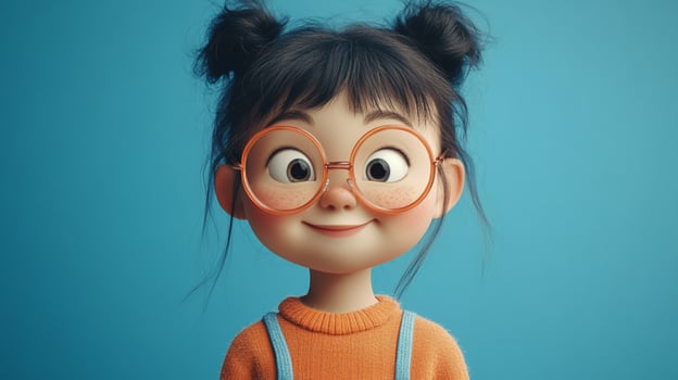 Cartoon girl with orange glasses and pigtails smiling against a blue background, wearing orange sweater with blue overall straps. photo