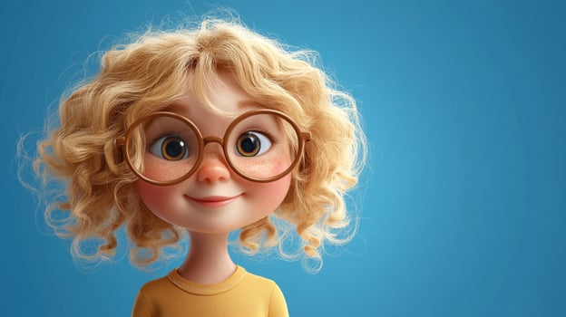 Cartoon girl with blonde curly hair, freckles, and round glasses smiles against a bright blue background, radiating cheerful innocence. photo