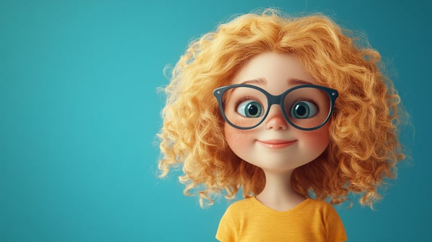 Animated girl with glasses and curly hair, against a blue background. Cute character for children's illustrations and stories. photo