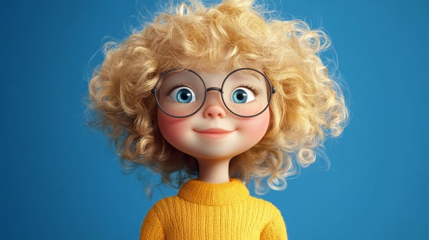 Animated girl with blonde curls, glasses, and a yellow sweater, set against a solid blue background. Charming and digitally rendered. photo