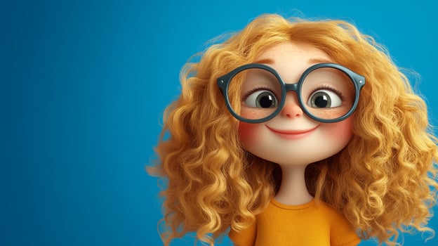 A charming cartoon girl with curly red hair, wearing round glasses, set against a bright blue background. Radiating happiness. photo