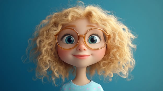 Cheerful cartoon girl with curly blonde hair and glasses, smiling against a solid blue background. Cute, innocent, and full of youthful charm. photo