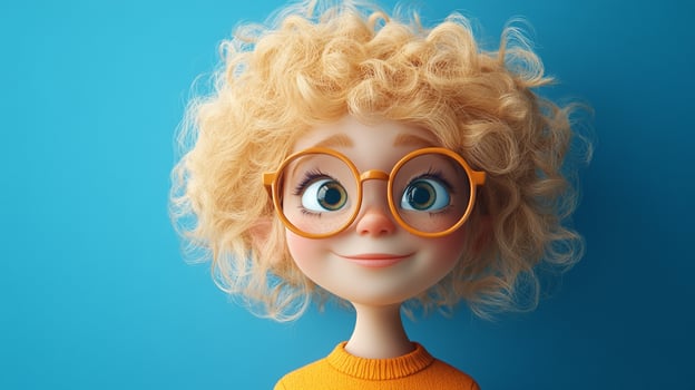 Animated character portrait featuring a smiling, blonde girl with curly hair and round glasses against a bright blue background. photo