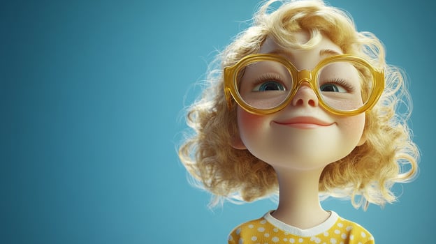 Blonde girl with a cute smile. The girl is wearing big yellow glasses and a yellow and white spotted top. Blue background. photo