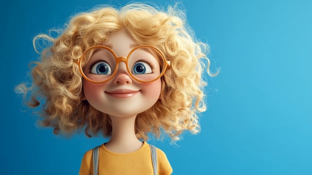 Animated girl with blonde curly hair wearing glasses and a yellow shirt against a bright blue background, radiating youthful innocence photo