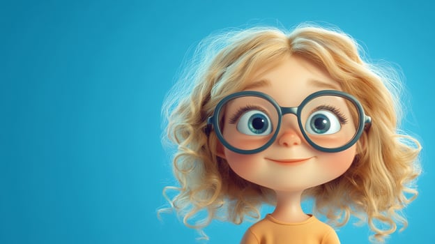 Cartoon girl with curly hair, glasses, and a smile. She has big blue eyes and looks very happy against a plain blue background. photo