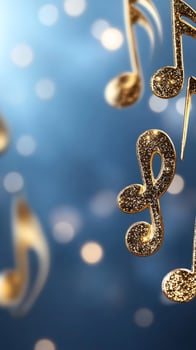 Golden musical notes falling, bokeh background, festive, music concept photo