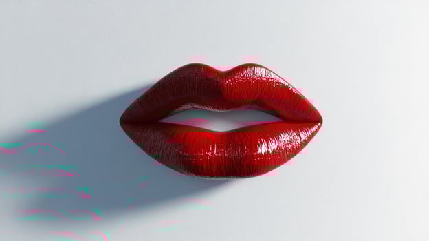 Glossy red lips centered on a neutral background, casting a soft shadow. Focus on color and texture for beauty and fashion concepts. photo