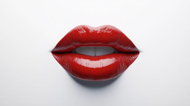 Close-up of red lips with a glossy finish, against a plain white background, emphasizing the vibrant color and smooth texture. photo
