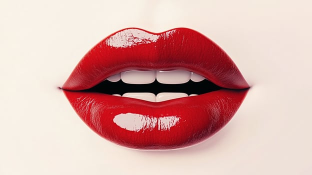 Close-up shot of lips adorned with glossy red lipstick, perfectly showcasing a bold and vibrant beauty statement, set against a neutral skin tone photo