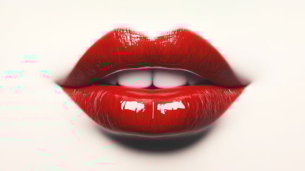 Glossy red lips and pearly white teeth on a light complexion. Intense color and shine create a captivating facial close-up. photo