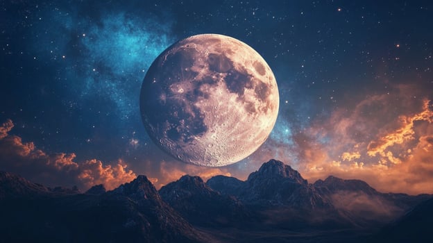 Full moon rises over a landscape of mountains, bathed in starlight. A cosmic view of space, clouds, and celestial wonder. photo