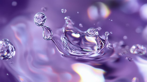 Water droplets collide in a captivating dance of liquid motion against a soft purple background. photo
