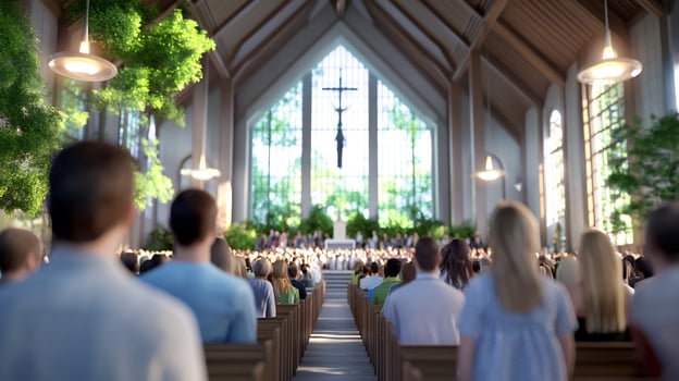 Church congregation, sunlight, service, peaceful, worship, hope, serenity, spiritual photo