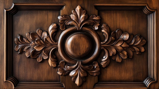 Intricate wood carving with a central circular motif, surrounded by symmetrical leaf-like designs, showcasing detailed craftsmanship. photo