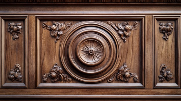 Detailed wood carving shows circular design and floral motifs on a warm brown surface, intricate patterns and craftsman detail. photo