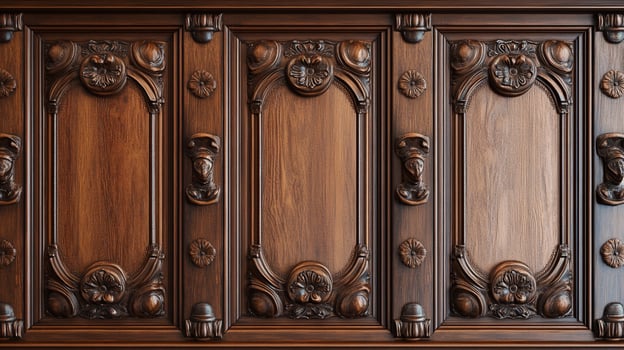 Ornate woodwork featuring carved floral and avian designs, showcasing meticulous craftsmanship and a touch of gothic aesthetic. photo