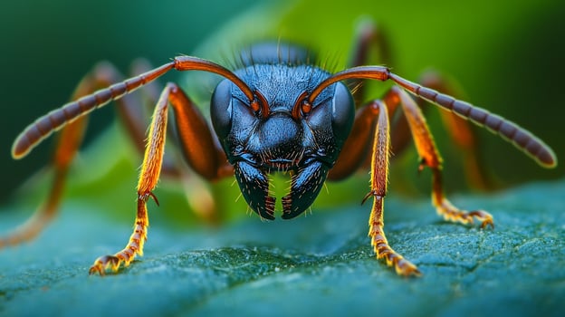 Detailed macro shot of an ant's face showcasing its intricate features, powerful mandibles, and complex sensory organs on a blurred green leaf background photo