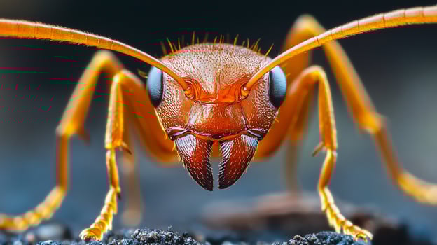 Intense macro shot of an ant's face with orange exoskeleton and striking blue eyes in a very detailed, up close and personal view. photo